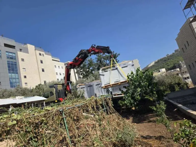זרוע מנוף מרימה מטען מעל עצים לצד בניין מגורים